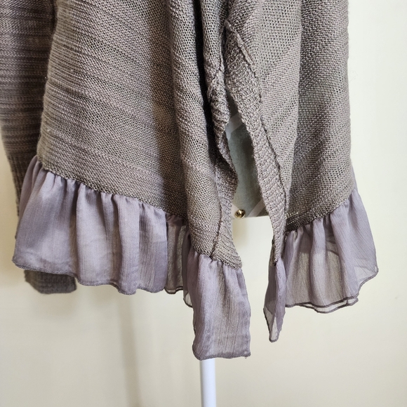 Waffle Knit Open Front Cardigan Ruffled Hem Neutral Size Small - Picture 5 of 10